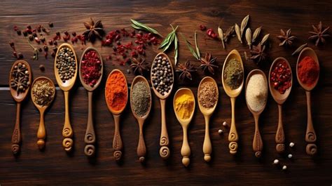 Premium Ai Image Various Spices In Wooden Spoon On Black Background