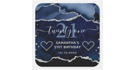 Blue And Silver Glitter Agate Marble 21st Birthday Square Sticker Zazzle