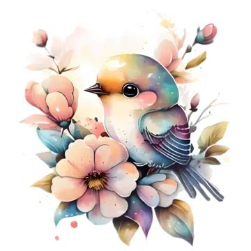 Belleza De Pájaro Acuarela En Flor PNG dibujos Pájaro Con Flores