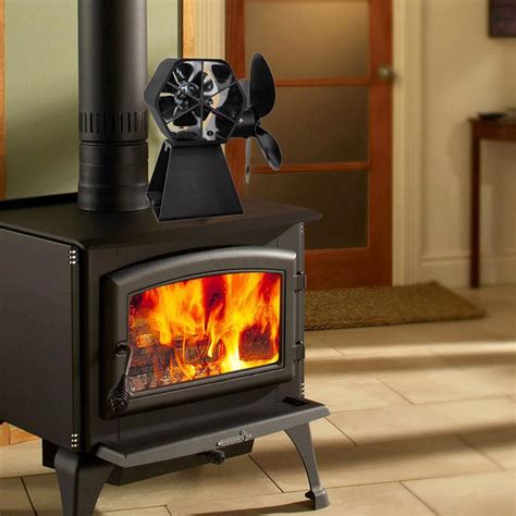 4 Blade Heat Powered Stove Fan Log Wood Burner Fan Quiet Black Home