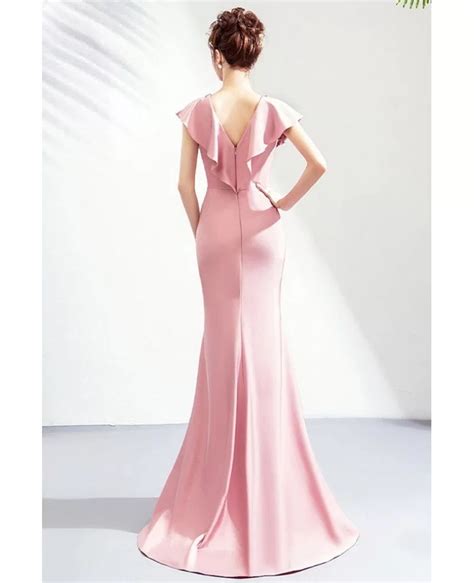 Elegant Pink Satin Mermaid Evening Dress Formal With Cape Sleeves