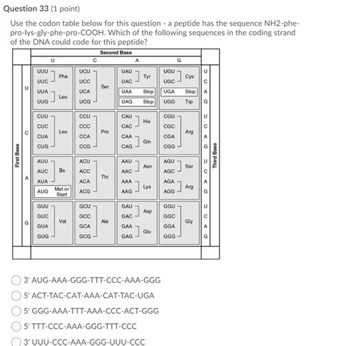 Solved Question 33 1 Point Use The Codon Table Below For Chegg