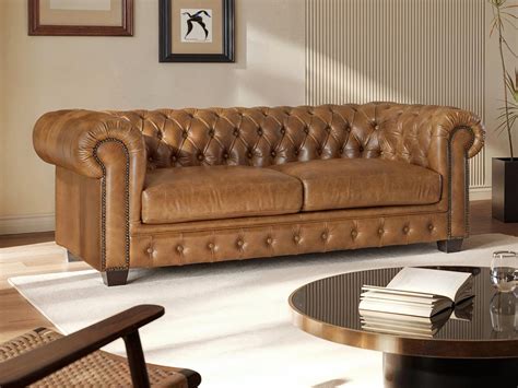 Sofá chesterfield de 3 plazas 100 piel de búfalo Caramel vintage BRENTON