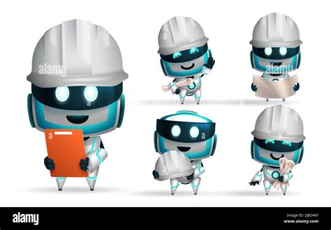 Robots Character Vector Set Design Robot Ai Characters With Hard Hat