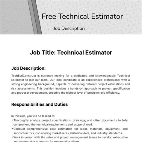 Free Technical Estimator Job Description Template Edit Online