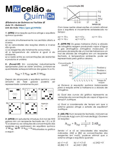 Aula13 Quimica2 Exercícios Pdf Equilíbrio Químico Reações Químicas