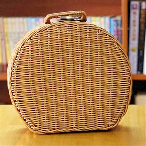 Round Rattan Suitcase Basket Vintage Rattan Woven Storage Suitcase