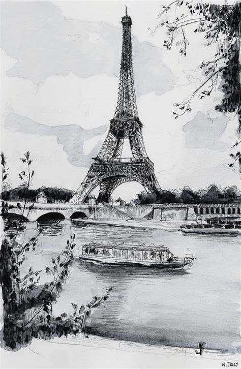 Watercolor Aquarelle La Seine Et La Tour Eiffel Eiffel Tower