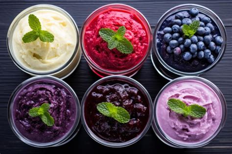 Premium Photo | Various flavors of yogurt in jars on a black table