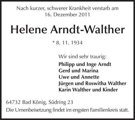 Traueranzeigen Von Helene Arndt Walther Vrm Trauer De