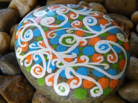 Swirls And Dots Painted Rock Art Lime Aqua Orange And Etsy