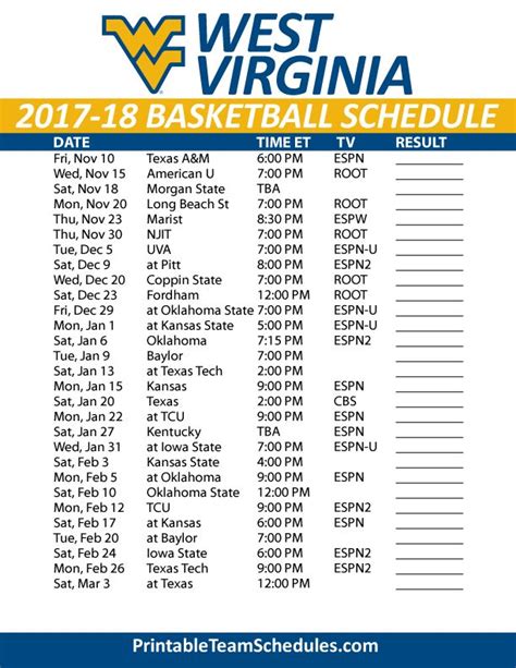 Wvu Football Schedule Printable