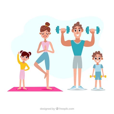 Familia feliz haciendo deporte con diseño plano Vector Gratis