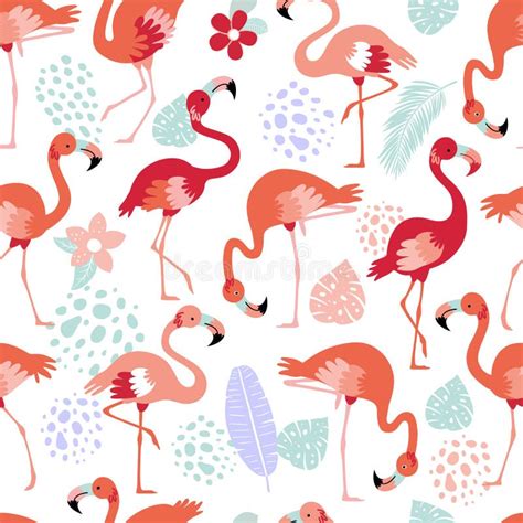 Pattern With Pink Flamingos And Tropical Leaves On A White Background