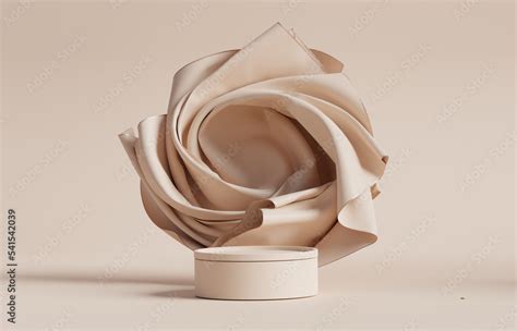 D Display Podium Beige Background With Pedestal And Flying Nude Color Silk Cloth Curtain