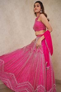 Buy Pink Dupion Silk Hand Embroidered Sequins Halter Lehenga Set For