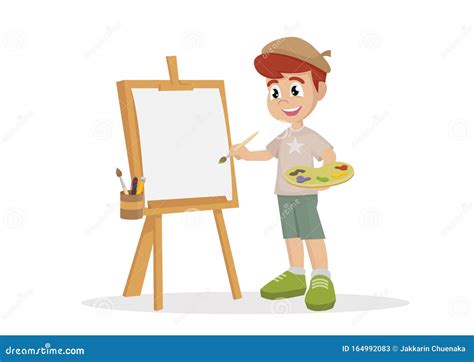 Cartoon Character Artist Boy Painting On Canvas Stock Vector