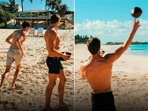 tom brady shows  throwing arm shirtless bod  beach football fun