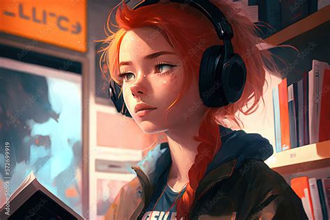 An Anime Style Girl With Red Hair Wearing Headphones Lo Fi Style Generative Ai Stock