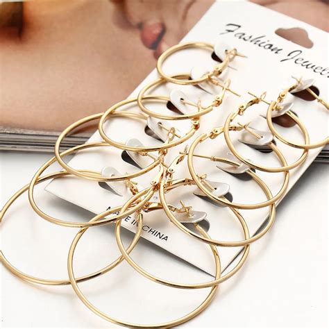 60 Pairs Lot Large Size Gold Color Hoop Earrings Set Women Jewelry Hollow Silver Color Small Big