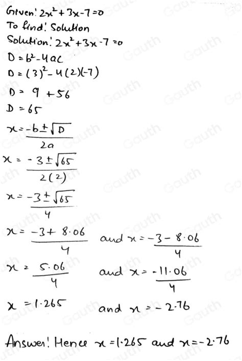 Solved 5 Solve The Equation 2x23x 70 Give Your Answer Correct To