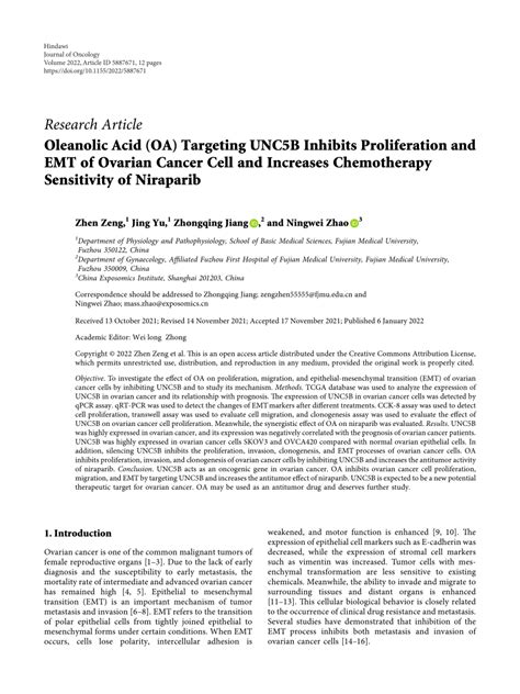 PDF Oleanolic Acid OA Targeting UNC5B Inhibits Proliferation And