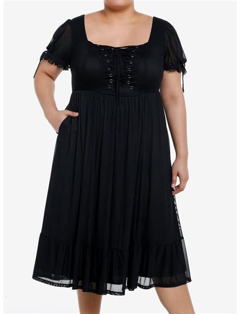 Cosmic Aura Black Lace Up Mesh Puff Sleeve Midi Dress Plus Size Hot Topic