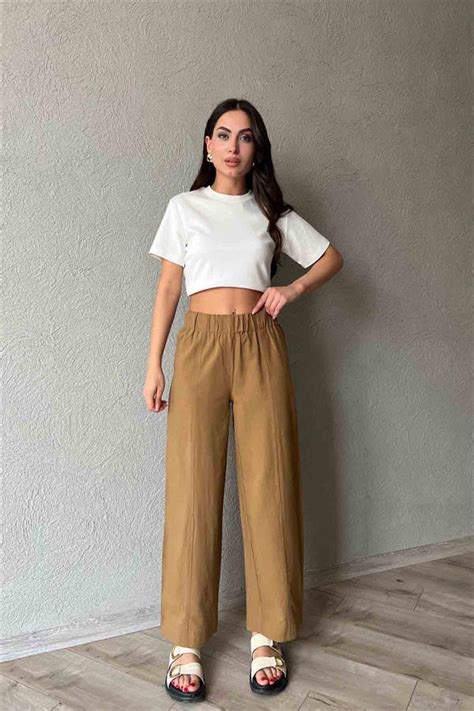 Camel Marka Model Beli Lastikli Keten Pantolon