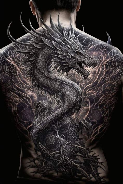 The Back Of A Man With Tattoos On His Body And A Dragon Tattoo On His Chest