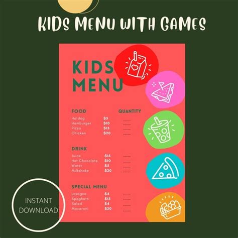 Printable Healthy Restaurant Menu Pretend Play Kit Kids Etsy