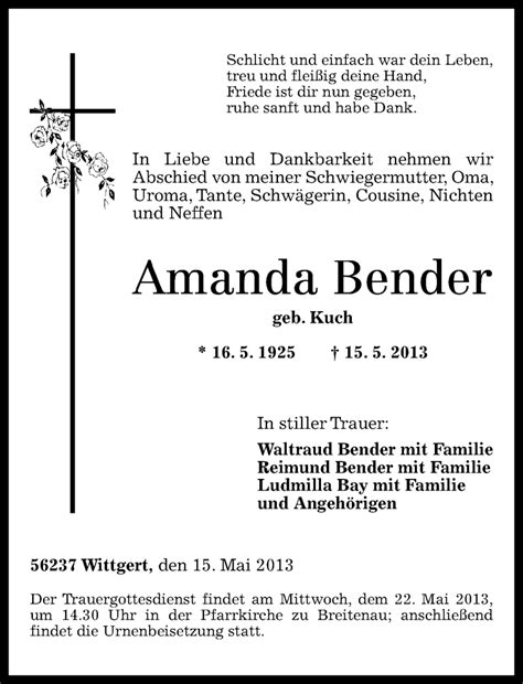 Traueranzeigen Von Amanda Bender Rz Trauer De