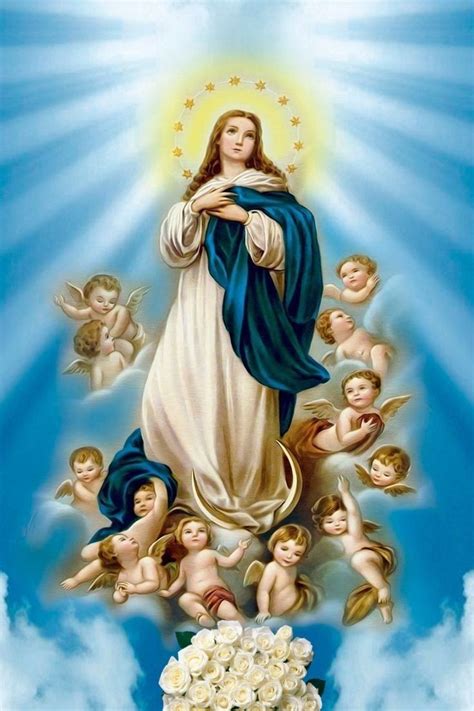 The Immaculate Virgin Mary Surrounded By Angels In Blue And White With