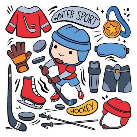 Joueur Et équipement De Hockey De Dessin Animé De Style Doodle