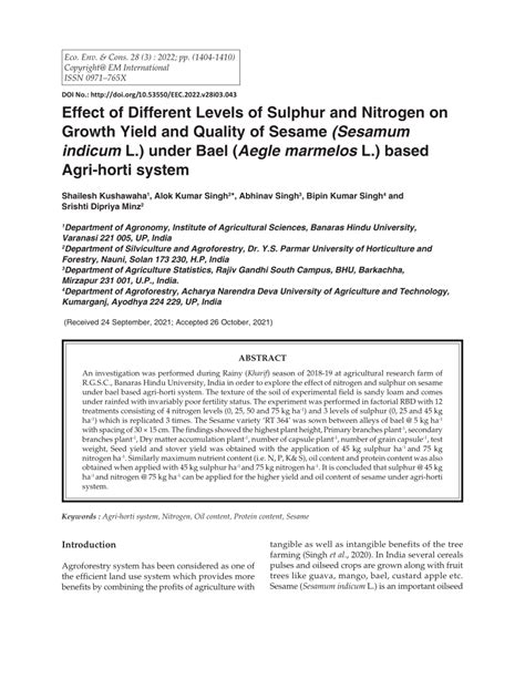 Pdf Effect Of Different Levels Of Sulphur And Nitrogen On Growth