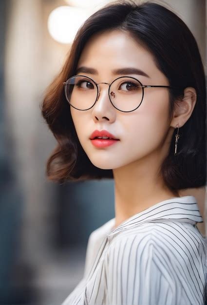 Premium Ai Image Beautiful Model Of Asian Use Eyeglass And Red Lips