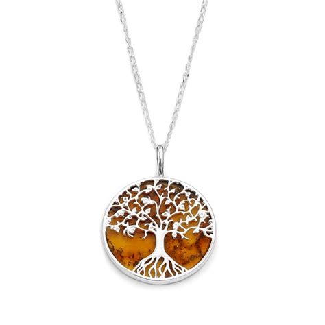 Magnifique Collier Arbre De Vie Ambre Cognac Et Argent 925 1000