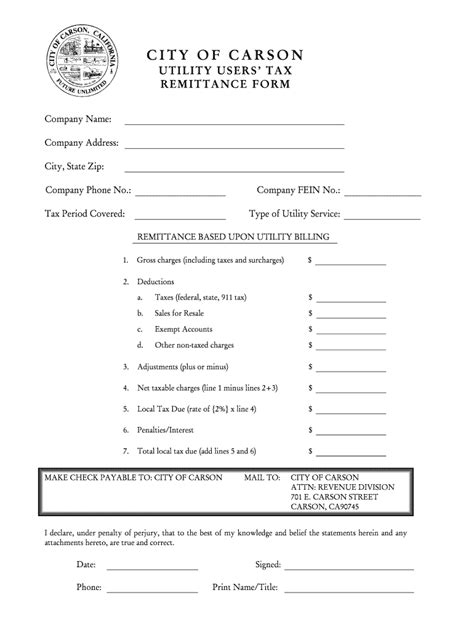 Fillable Online Ci Carson Ca Uut Tax Remittance Form City Of Carson