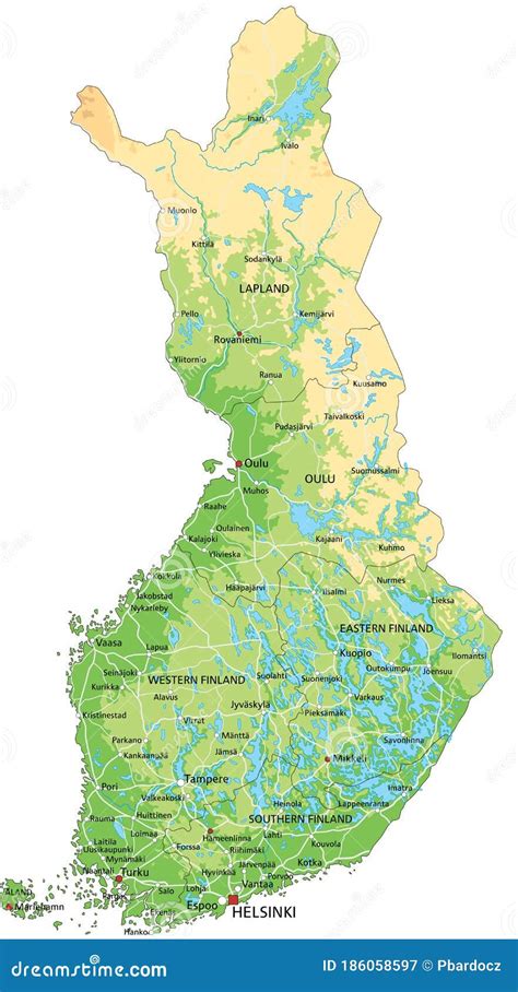 Hohe Detaillierte Physische Karte Finnlands Mit Der Etikettierung