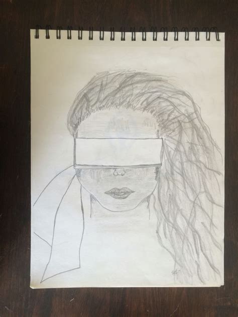 A Drawing Of A Woman With Long Hair And Blindfolds On Her Face Is Shown