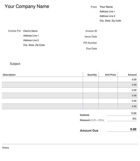 Blank Invoice Template Free Printable Excel