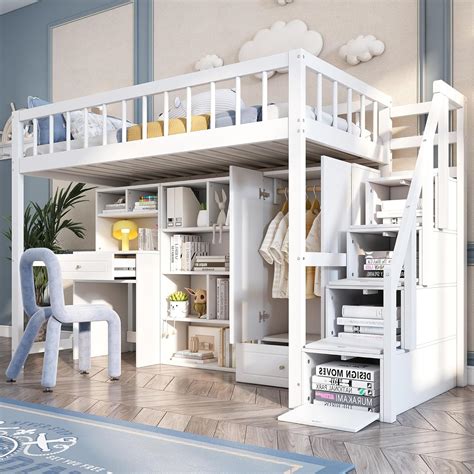 Merax Lit Mezzanine 90 X 200 Cm Avec Armoire Et Bureau