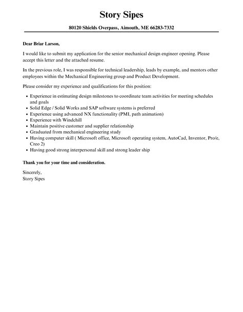 Senior Mechanical Design Engineer Cover Letter Velvet Jobs