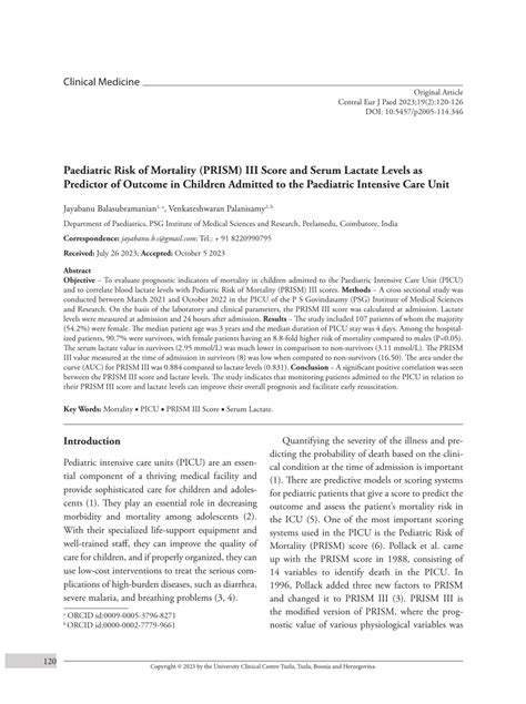 Pdf Paediatric Risk Of Mortality Prism Iii Score And Serum Lactate