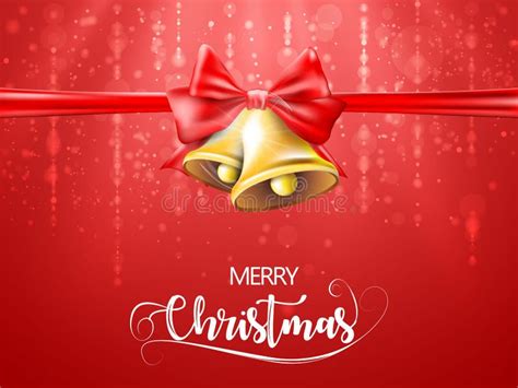 Merry Christmas Gold Bells With Red Ribbon On Light Red Background