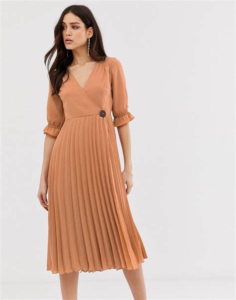 Asos Pleated Wrap Midi Dress In Self Stripe With Coconut Button In Pink