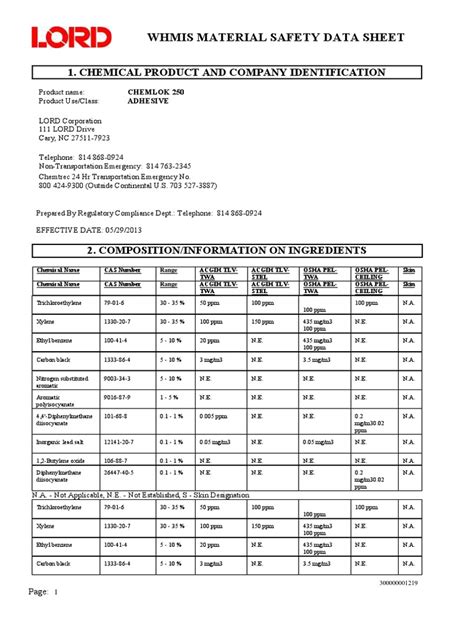 Whmis Material Safety Data Sheet 1 Chemical Product And Company