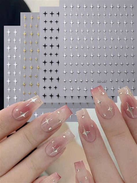 4 Sheets 3D Sliver Stars Nails Stickers Bronzing Star Nail Art Decals