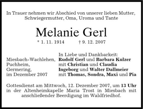 Traueranzeigen Von Melanie Gerl Trauer Merkur De