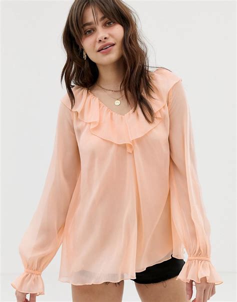 Asos Denim Sheer Long Sleeve Blouse With Ruffle Detail And Cami In Pink Lyst