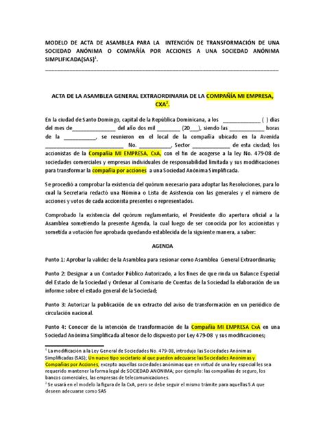 Acta De Asamblea De Intencion De Transformacion De Sa A Sas Política Gobierno